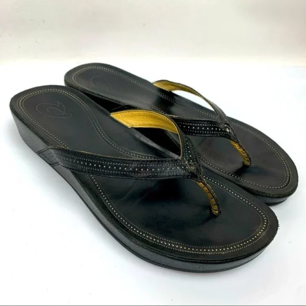 OLUKAI Black Leather Thong Low Wedge Sandals